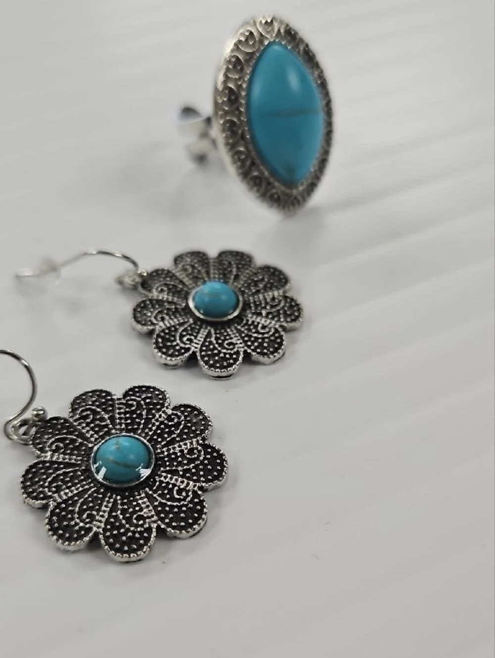 Turquoise Silver Flower Drop Earrings and Ring Set